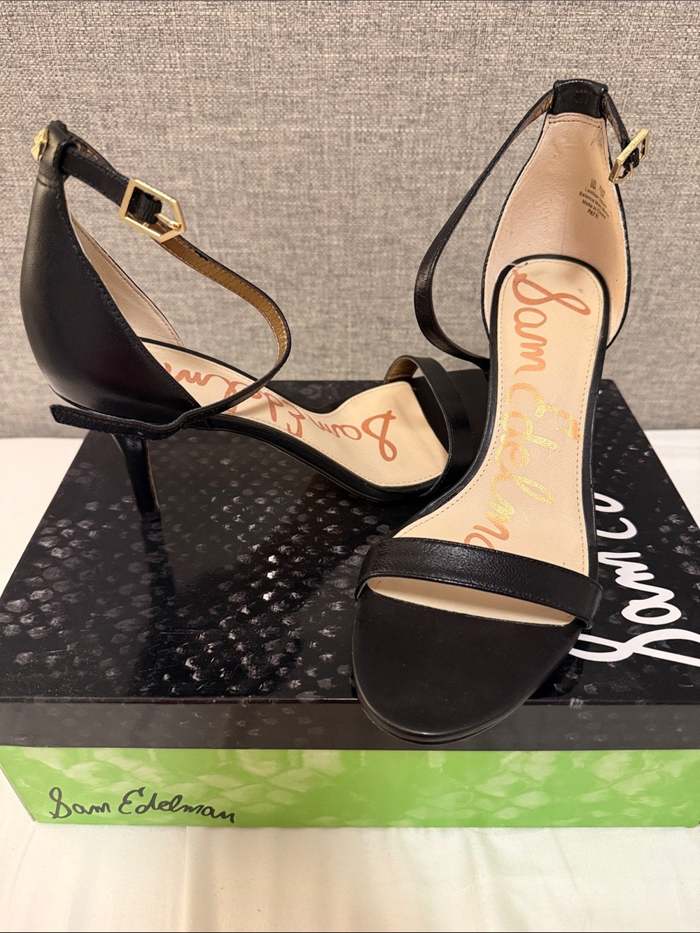Sam Edelman Black Ankle-Strap Kitten Heel Sandals with Gold Buckles